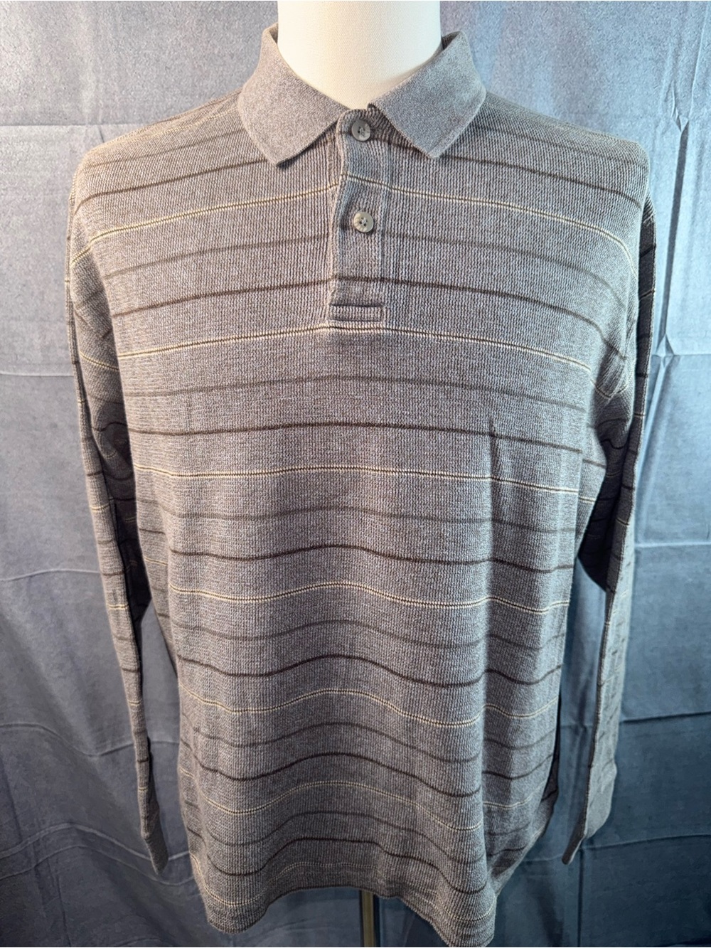 1521-NATURAL LIFE Men's Gray Striped Long-Sleeve Polo